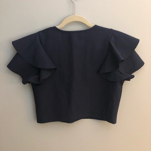 Navy Cold Shoulder Ruffle Crop Top by Carbon38 - Picture 4 of 5